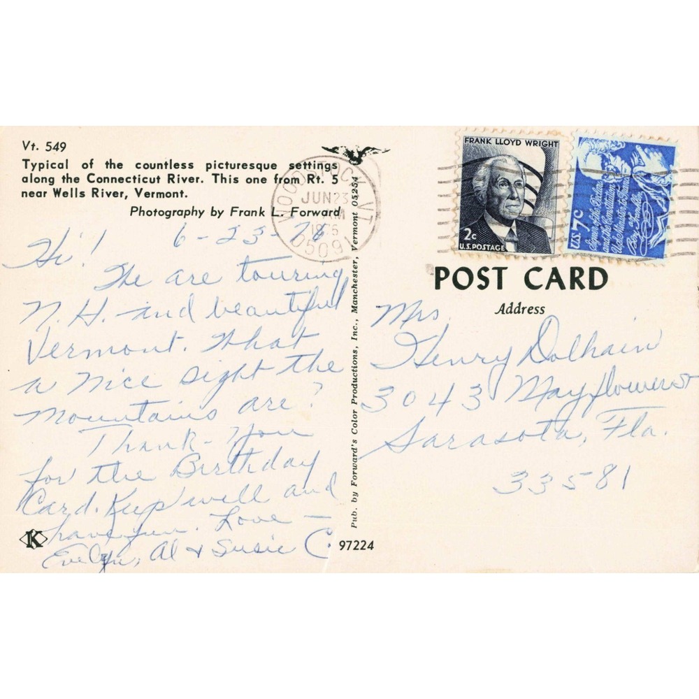Vintage Vermont Connecticut River Wells River Route 5 Postcard Frank L Forward - Picture 2 of 2